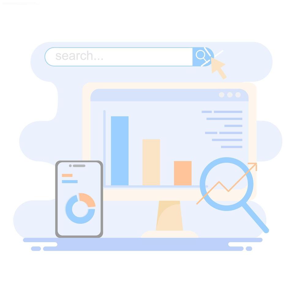 Illustration of search engine optimization with bar graph statistics. vector