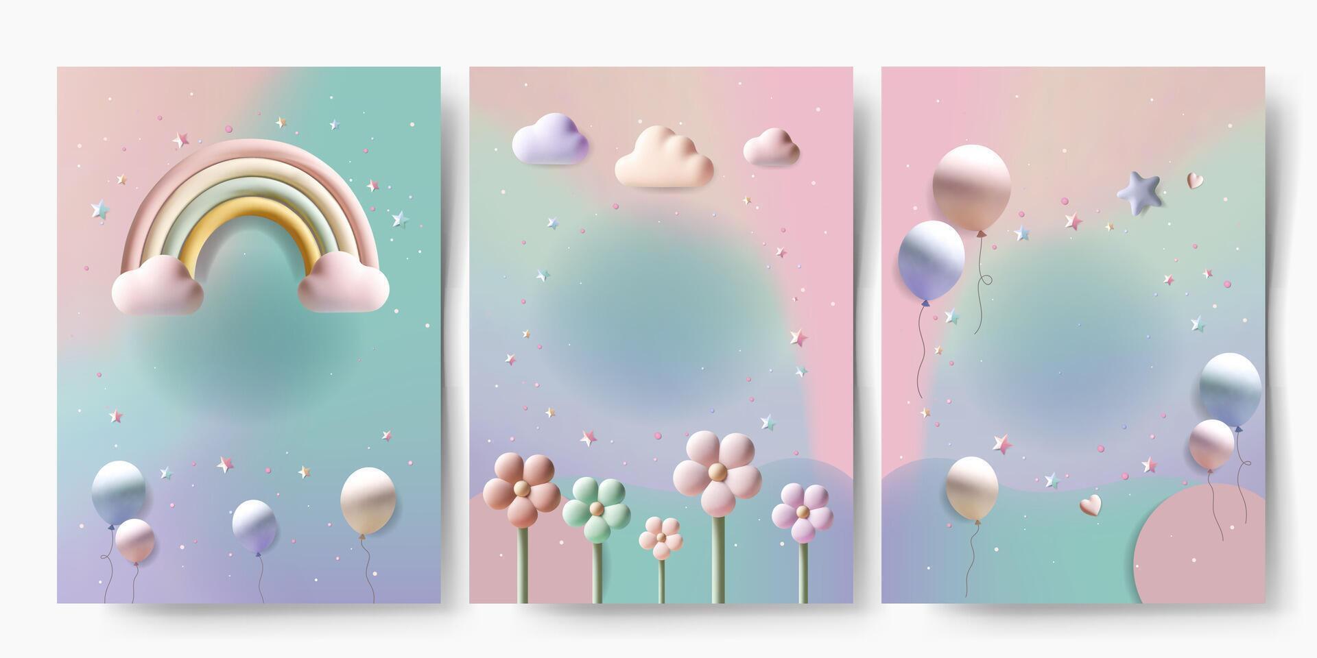 Backgrounds in pastel tones. Soft gradient with empty space for text, message. Realistic balloons, stars, rainbow. Cute festive template vector