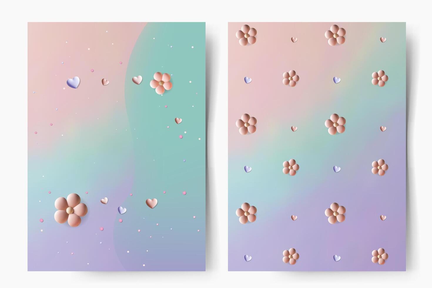 Set of pattern and frame in pastel tones. Soft gradient with empty space, cute flowers. For greetings, cards, invitations and baby shower. Templates vector