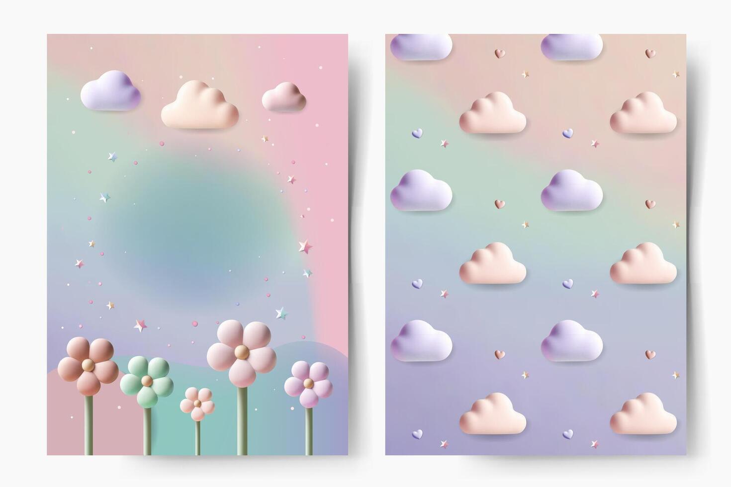 Set of pattern and frame in pastel tones. Soft gradient with empty space, cute clouds. For birthday cards, invitations and baby shower. Templates vector