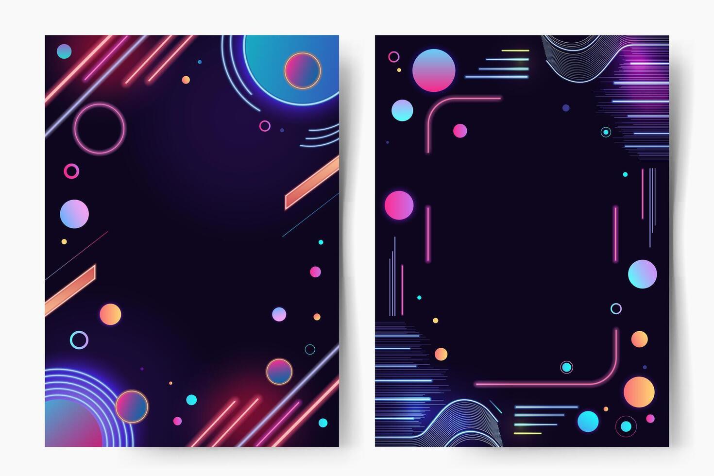 Set of geometric frames with neon shapes. Dark background with space for text. Bright futuristic abstract template. vector