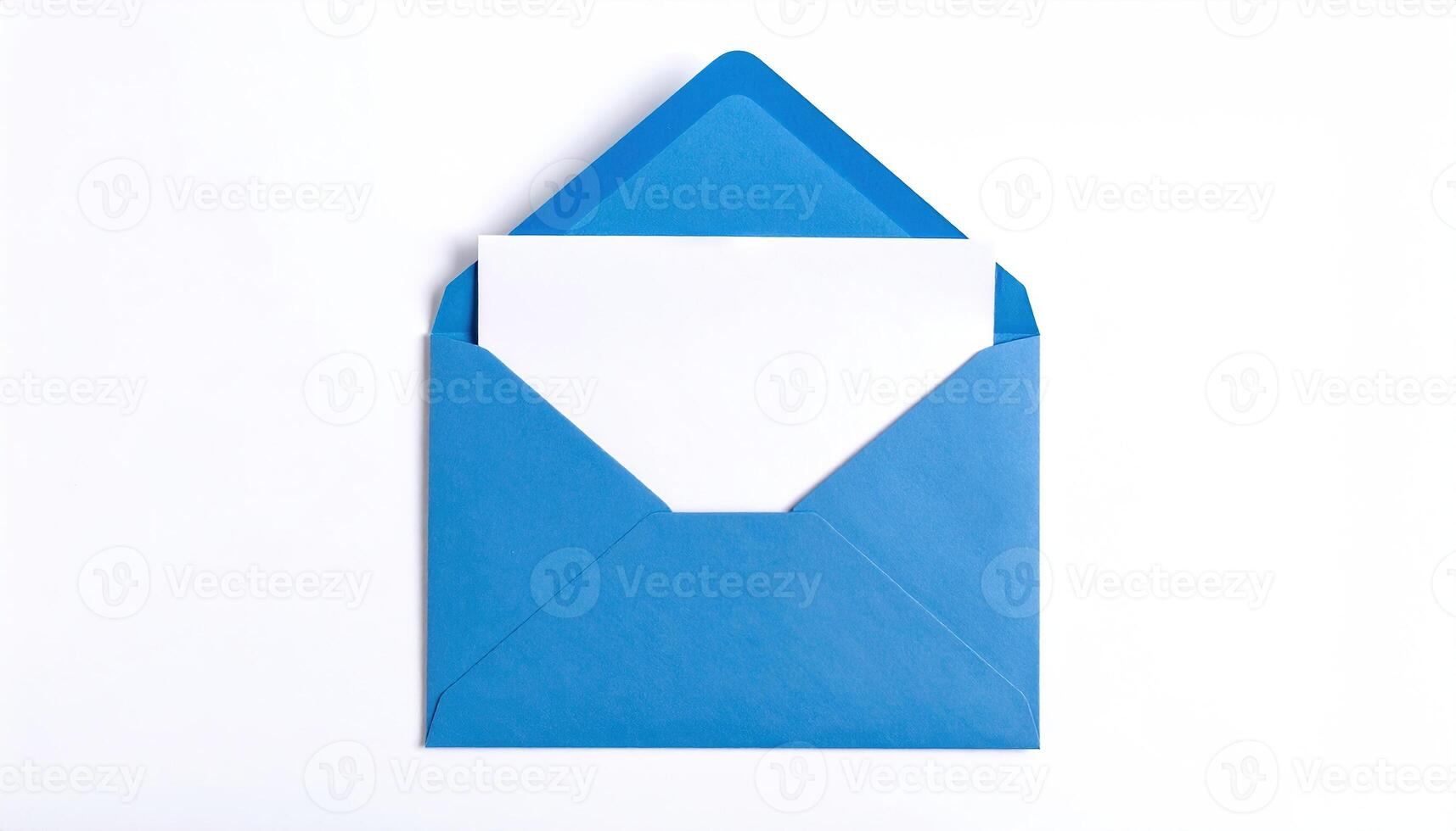 Opened blue paper envelope mockup with paper sheet flat lay on white background with copy space, perfect for stationery design, branding presentations, invitation templates, business correspondence photo