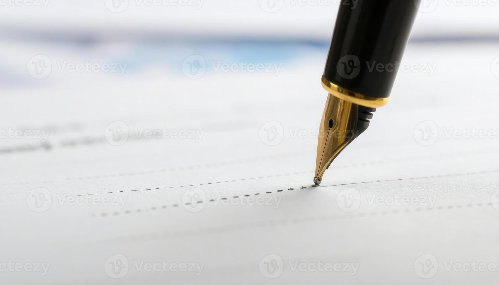 Close up of a pen tip signing a dotted line with copy space background, perfect for business themes, legal contract visuals, agreement concepts, office work, and signature design projects. photo