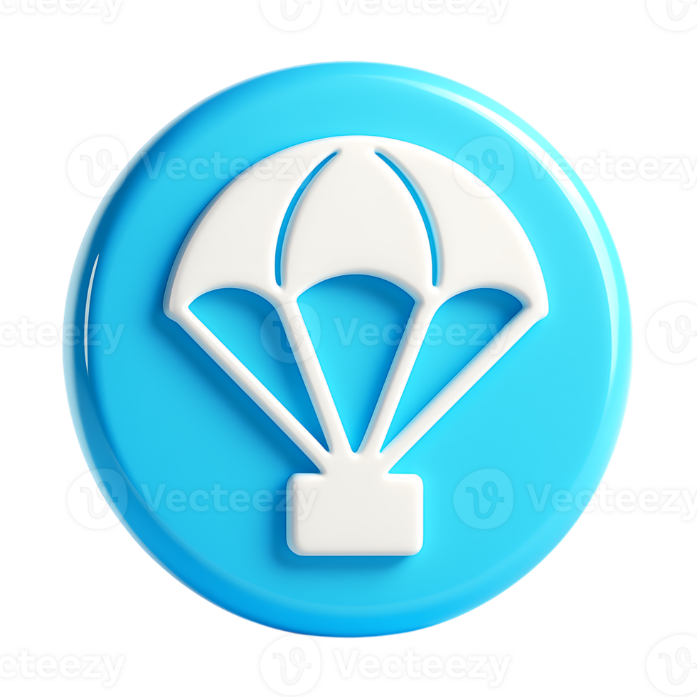 A 3d rendering of a white parachute icon on a blue circular button isolated on transparent background png