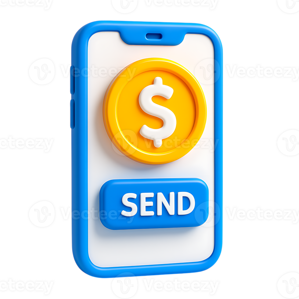 3d render of a smartphone with a send button and dollar coin, representing mobile payments, isolated on transparent background png