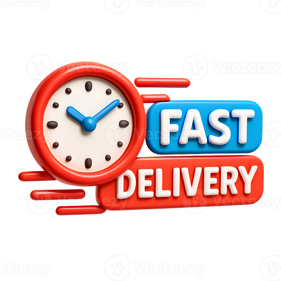 A red clock with blue hands and fast delivery text, indicating speed and efficiency, isolated on transparent background png