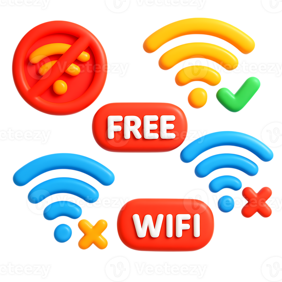 Collection of 3d wifi icons showing different connection statuses and options, isolated on transparent background png