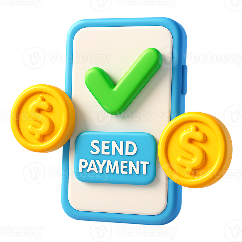 3d illustration of a smartphone with a send payment button, a green checkmark, and gold coins, isolated on transparent background png