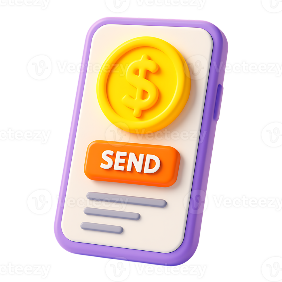 Mobile phone displaying a dollar coin and a send button for financial transactions, isolated on transparent background png