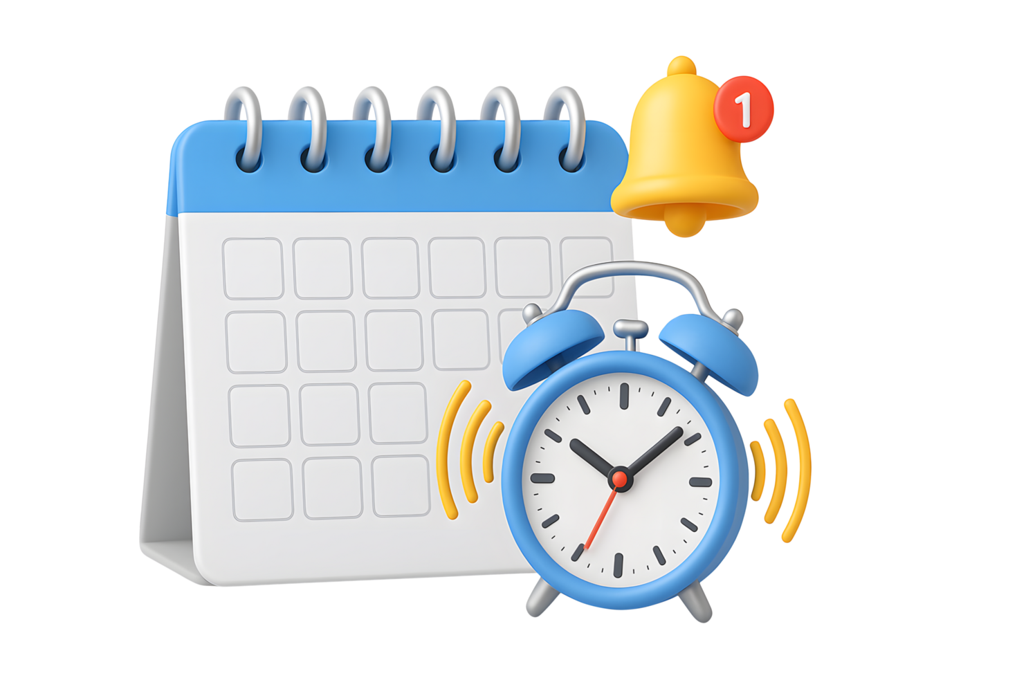 3D calendar with blue alarm clock and yellow notification bell symbol 3D calendar with blue alarm clock and yellow notification bell symbol