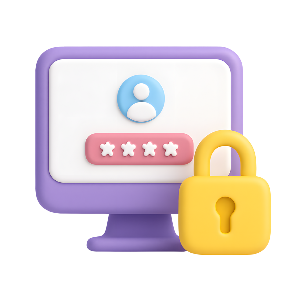 3D cartoon login screen icon with user symbol, password field, and yellow security padlock isolated on transparent background png