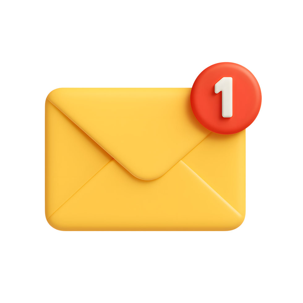 3D email notification icon, yellow envelope with red alert badge showing number one, isolated on transparent background png