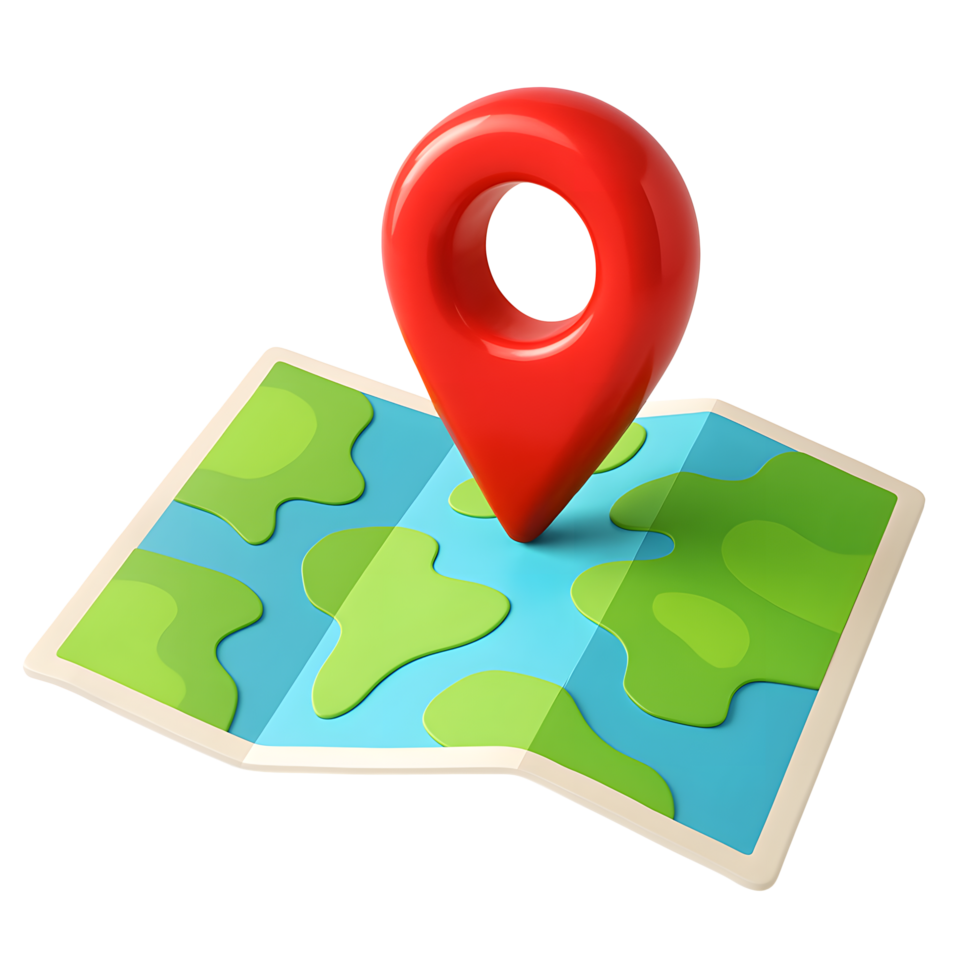 3d folded world map with large red location pin marker showing travel navigation and geographic positioning concept isolated on transparent background png