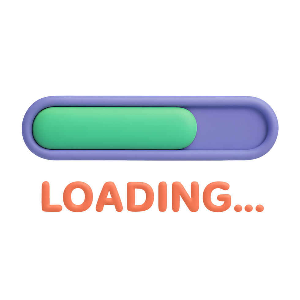 3D loading progress bar icon with green indicator and loading text in orange letters isolated on transparent background png