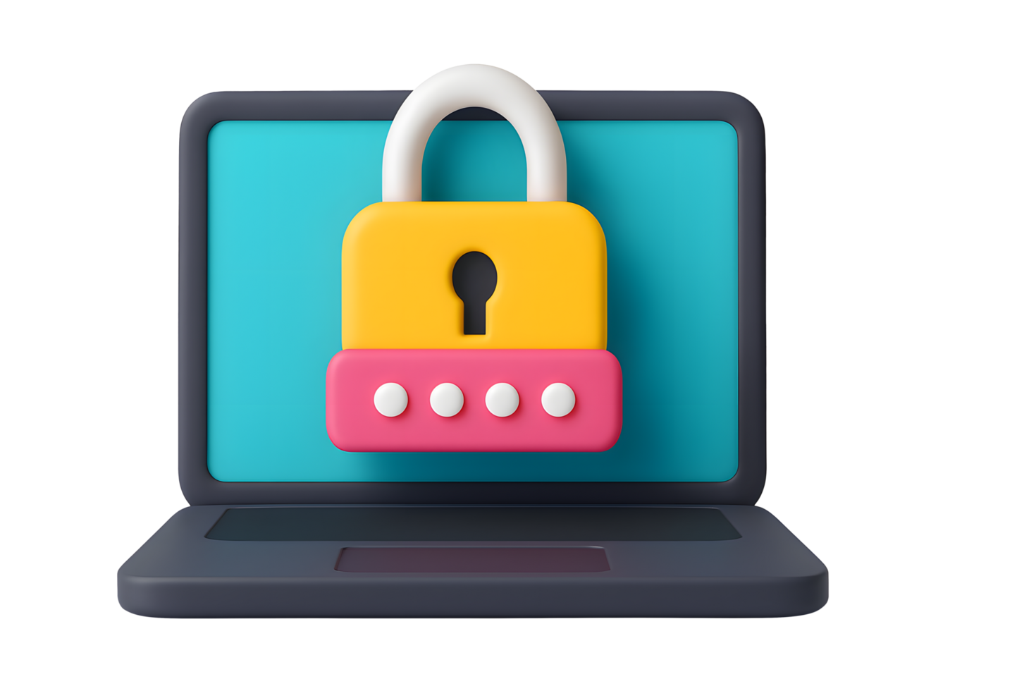 3D laptop with yellow padlock and password buttons representing online security and data protection, isolated on transparent background png