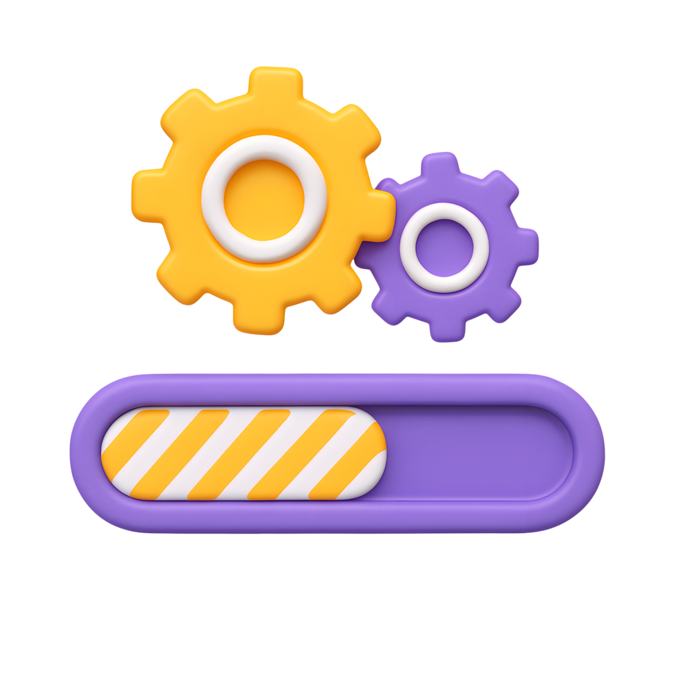 3D mechanical progress bar icon with yellow and purple gears, loading interface element isolated on transparent background png