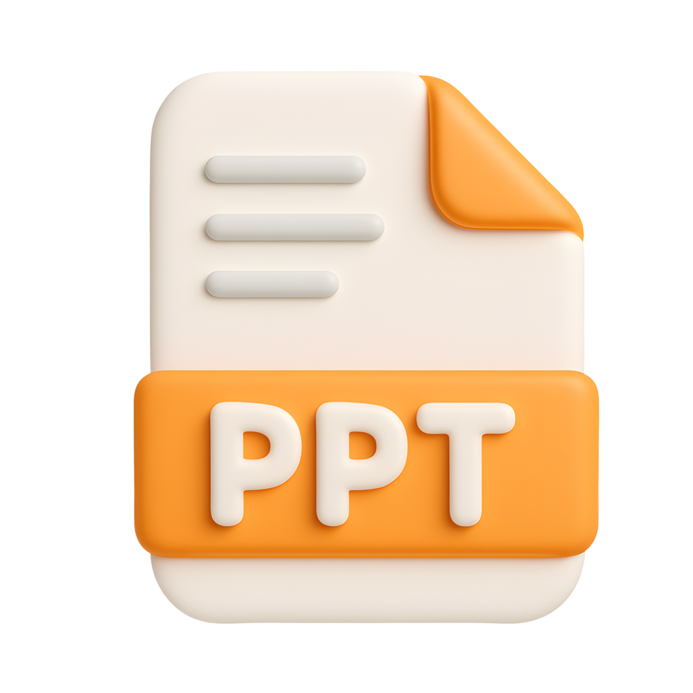 3D presentation document icon, cream and orange ppt file with text lines for presentation or slide concept, isolated on transparent background png