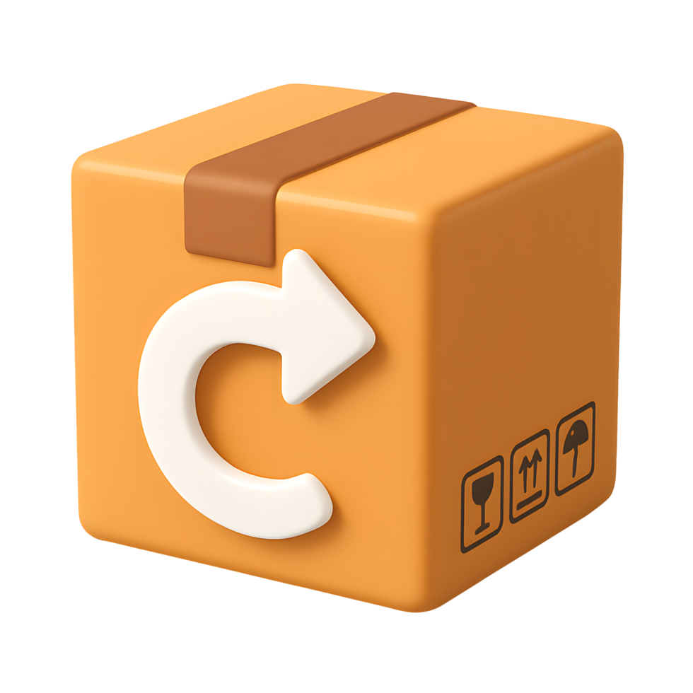 3D orange return package box icon with white circular arrow and fragile shipping symbols, isolated on transparent background png