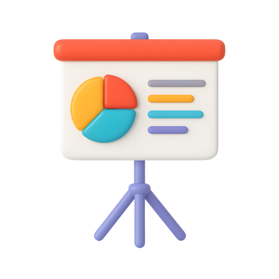 3D presentation board icon with colorful pie chart and data bars on tripod stand isolated on transparent background png
