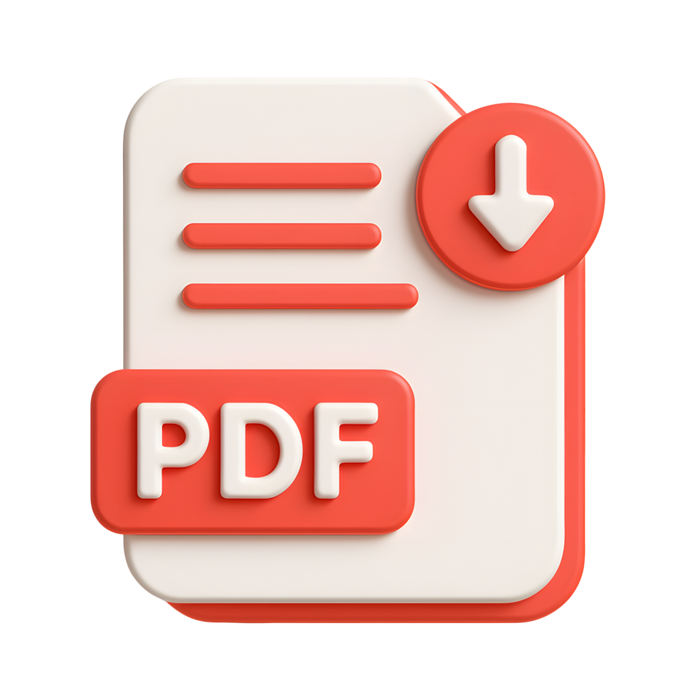3d pdf file icon with red and white document, text lines and download arrow isolated on transparent background png