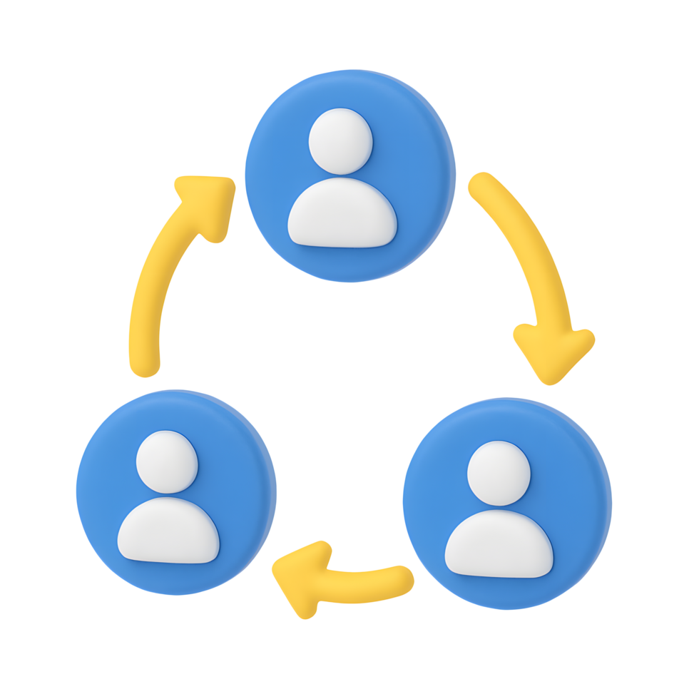 3D user connection icon with three blue circular avatars and yellow arrows forming a communication cycle isolated on transparent background png