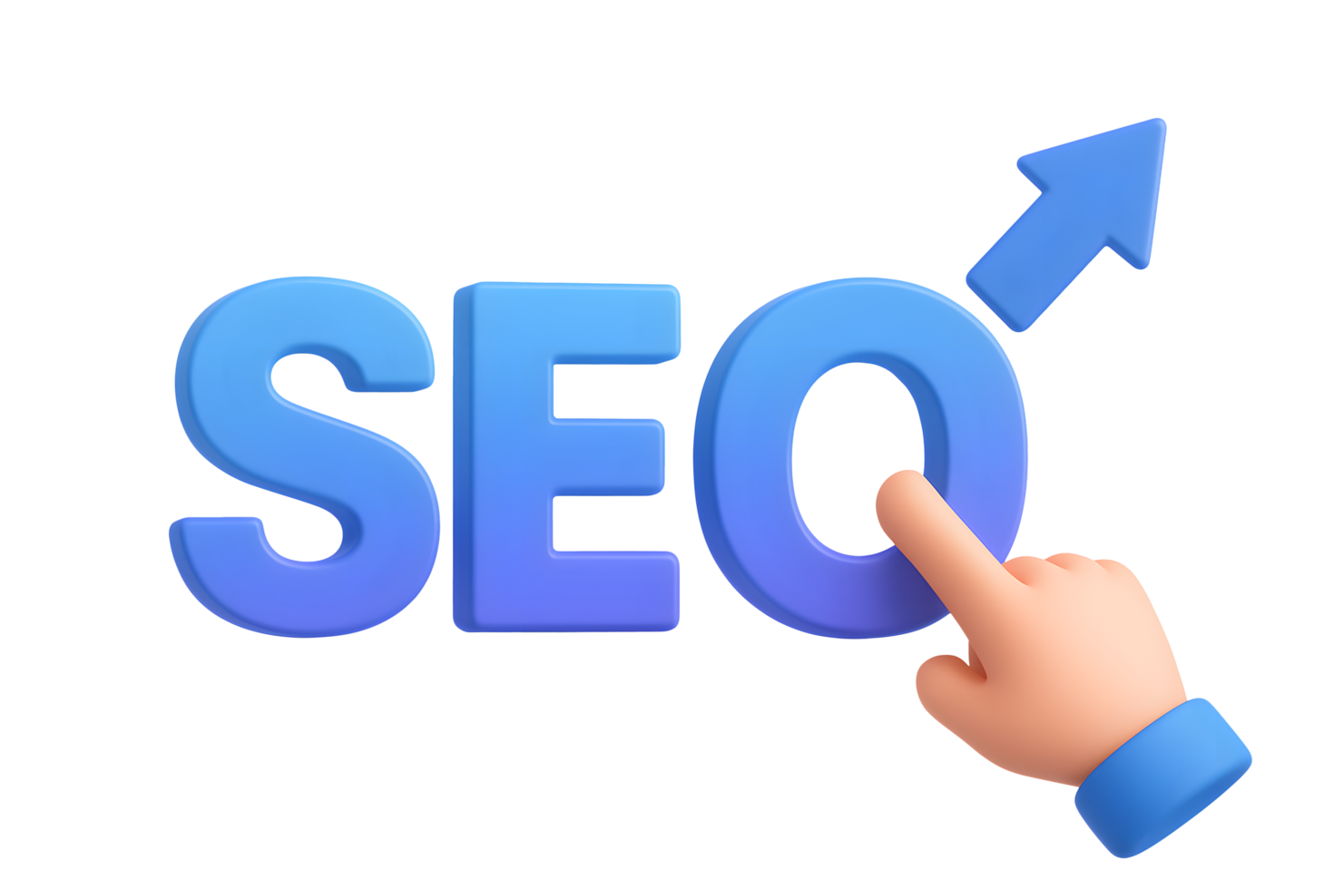 3D SEO letters with upward arrow and pointing hand icon showing website ranking and search optimization isolated on transparent background png