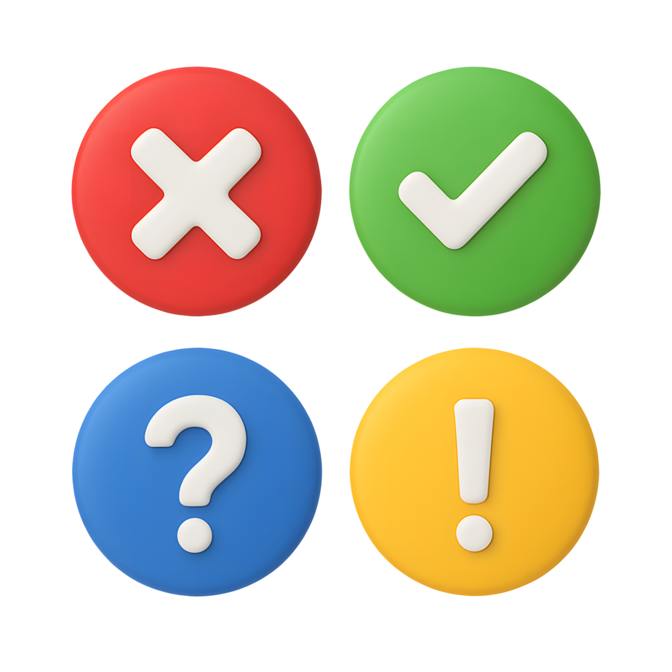 3D round icon set with red cross, green check mark, blue question mark, and yellow exclamation mark, symbol and communication concept isolated on transparent background png