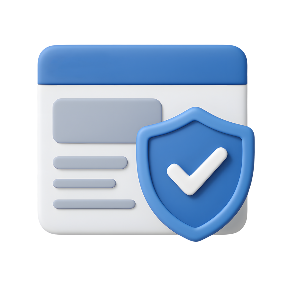 3D secure website icon with blue shield and white check mark, online protection and verification concept, isolated on transparent background png