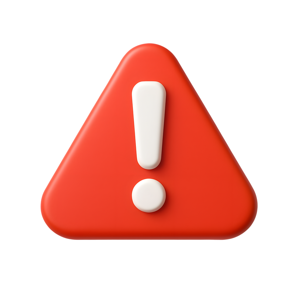 3D red warning icon with white exclamation mark inside rounded triangle, isolated on transparent background png