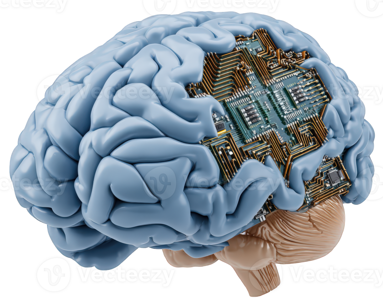Human brain with integrated circuit board, artificial intelligence, technology, innovation, digital transformation, and futuristic concept, symbolizing smart technology and data integration png