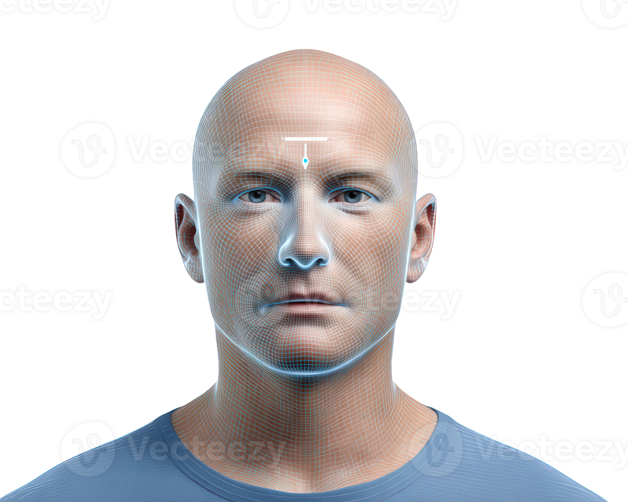 Facial recognition technology, digital security, biometric identification, and artificial intelligence concept with neutral expression male face and wireframe overlay png