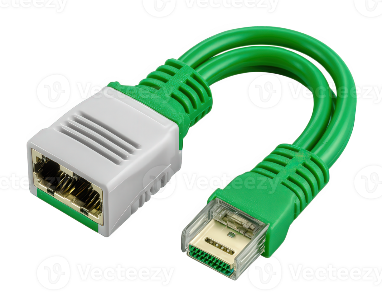 Green network cable adapter, ethernet to USB connector, isolated on transparency background, close up, technology accessory for data transfer and internet connection png