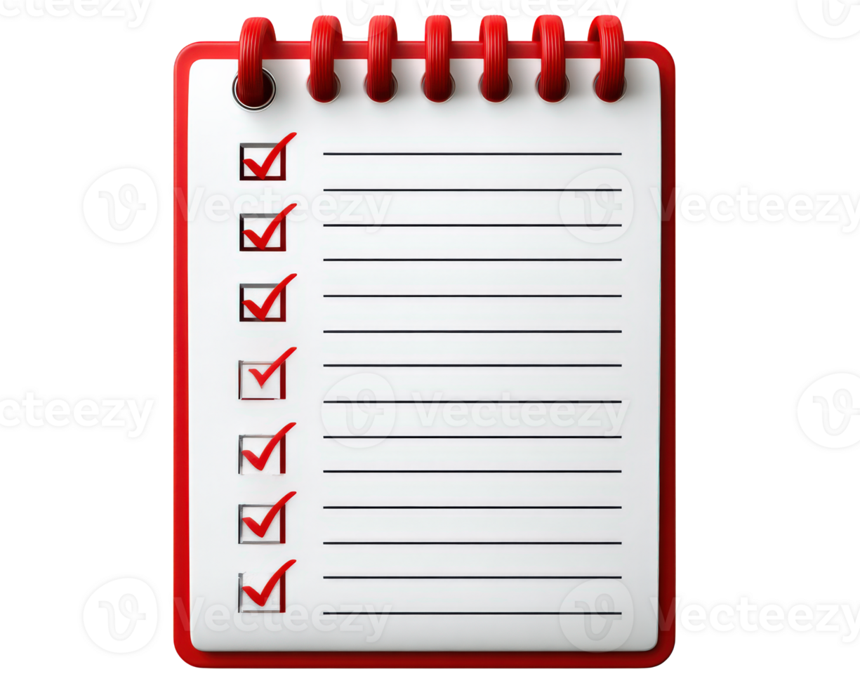 Red spiral notebook checklist paper productivity minimal white clipart element organization planning. Red spiral notebook with checklist and red check marks minimal style white paper productivity png