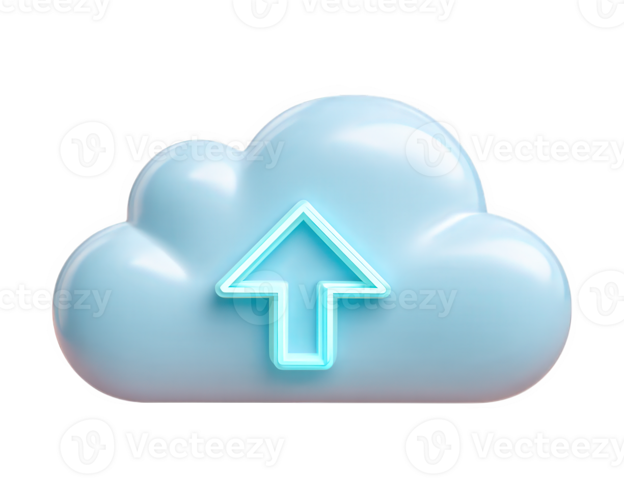 Cloud upload arrow blue icon 3D data storage technology digital symbol isolated glossy internet transfer network computing modern communication sign illustration futuristic web information concept png
