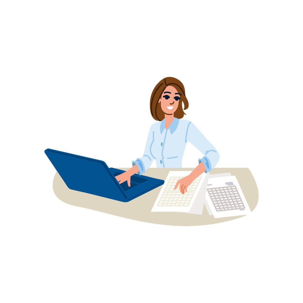 Accountant working with laptop and financial documents, calculating expenses and profit vector