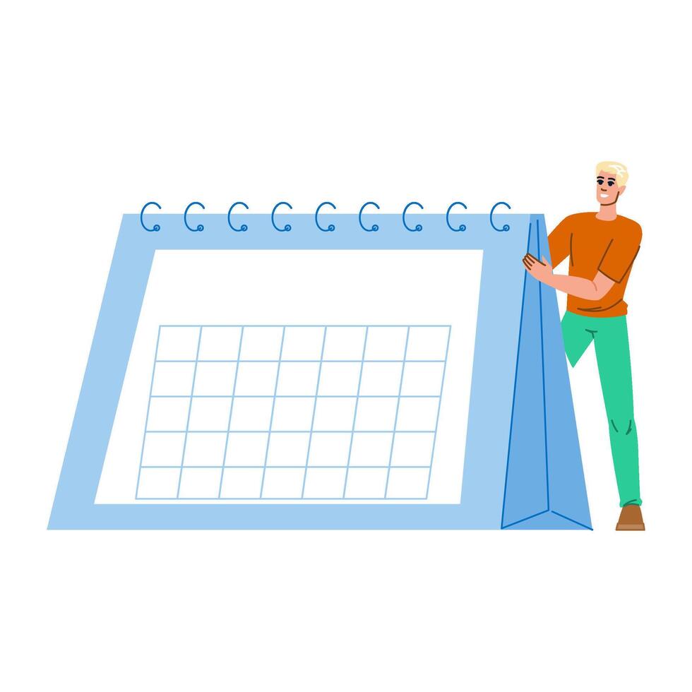 Smiling man holding a large blank desktop calendar, planning and organizing time vector