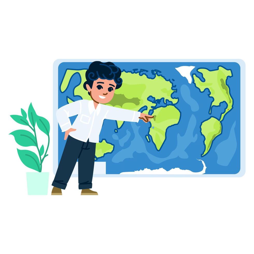 Geography student pointing at world map during lesson vector