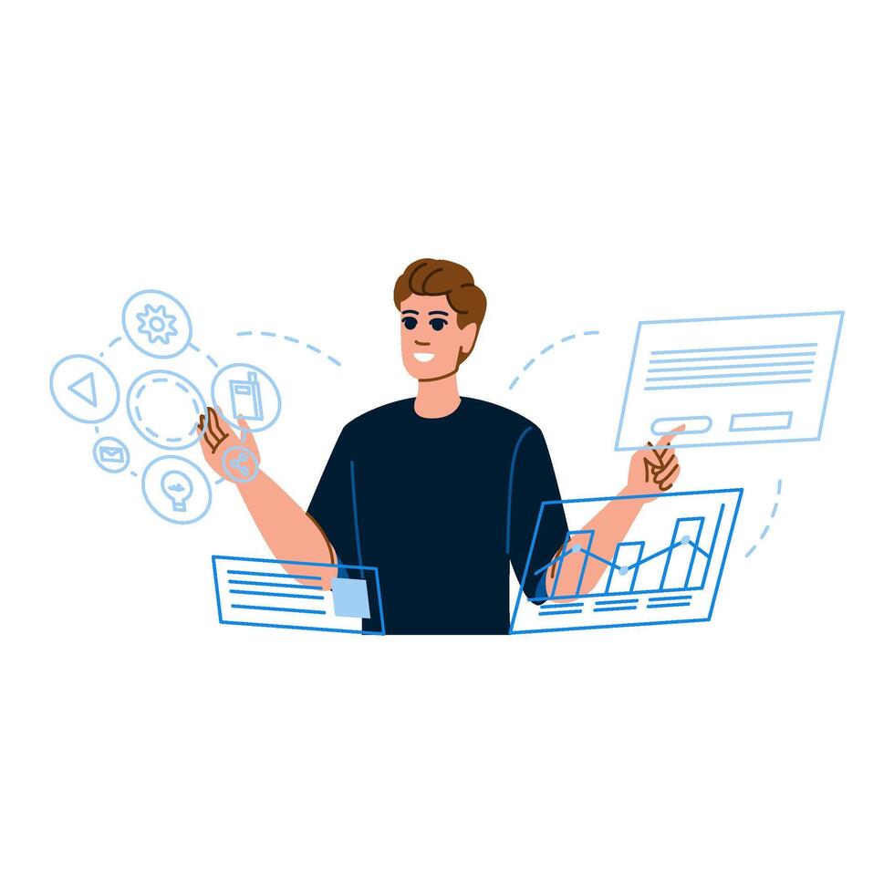 Software developer managing digital marketing campaign using virtual interface vector