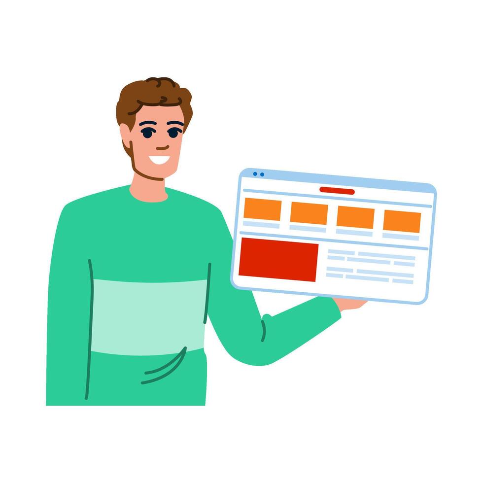Web developer showing website interface on a big tablet vector