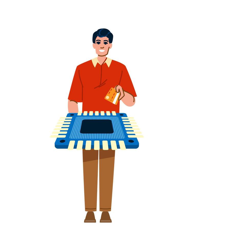 Technician installing microchip using sim card on motherboard vector