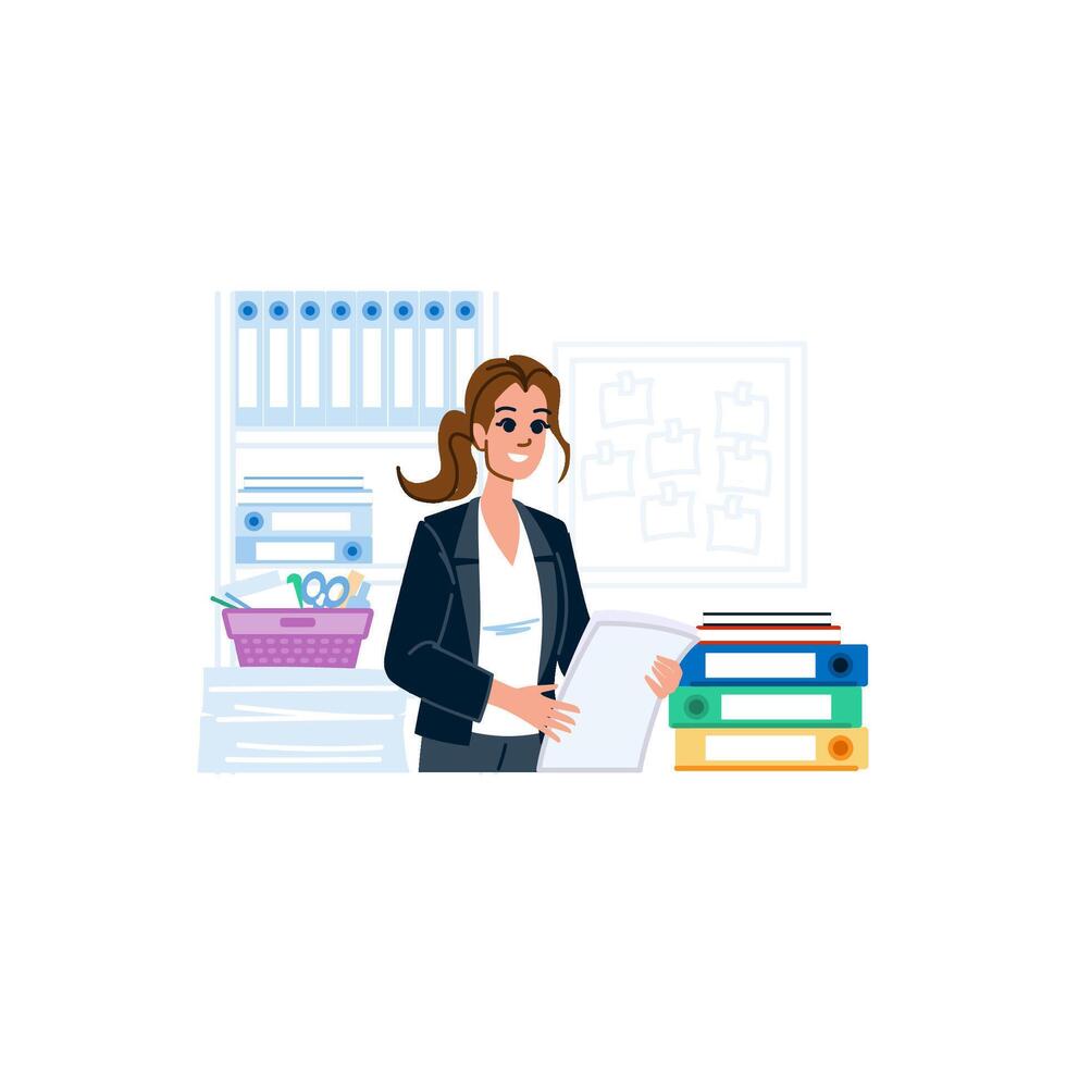 Office worker reading documents and smiling near shelves with folders vector