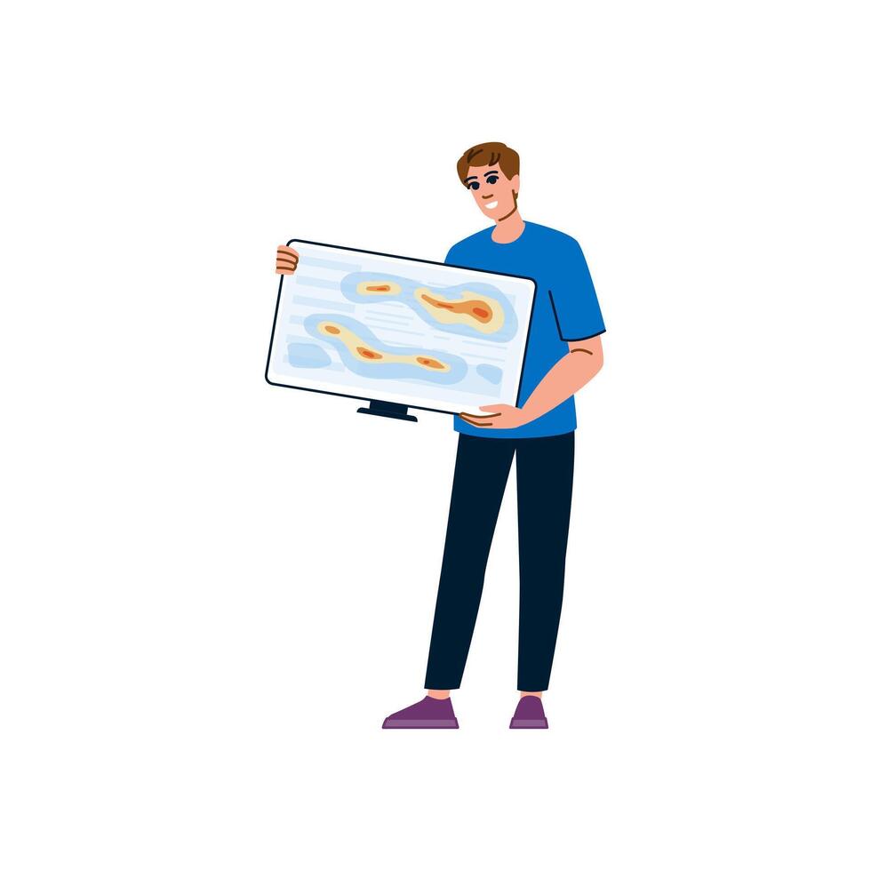 Meteorologist holding monitor showing weather forecast map vector