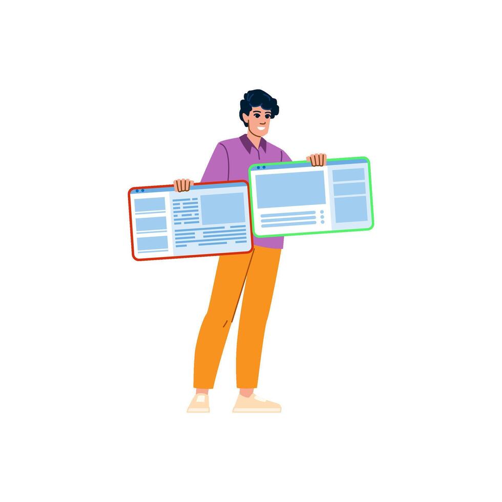 Web designer holding two different website interface layouts smiling and comparing designs vector