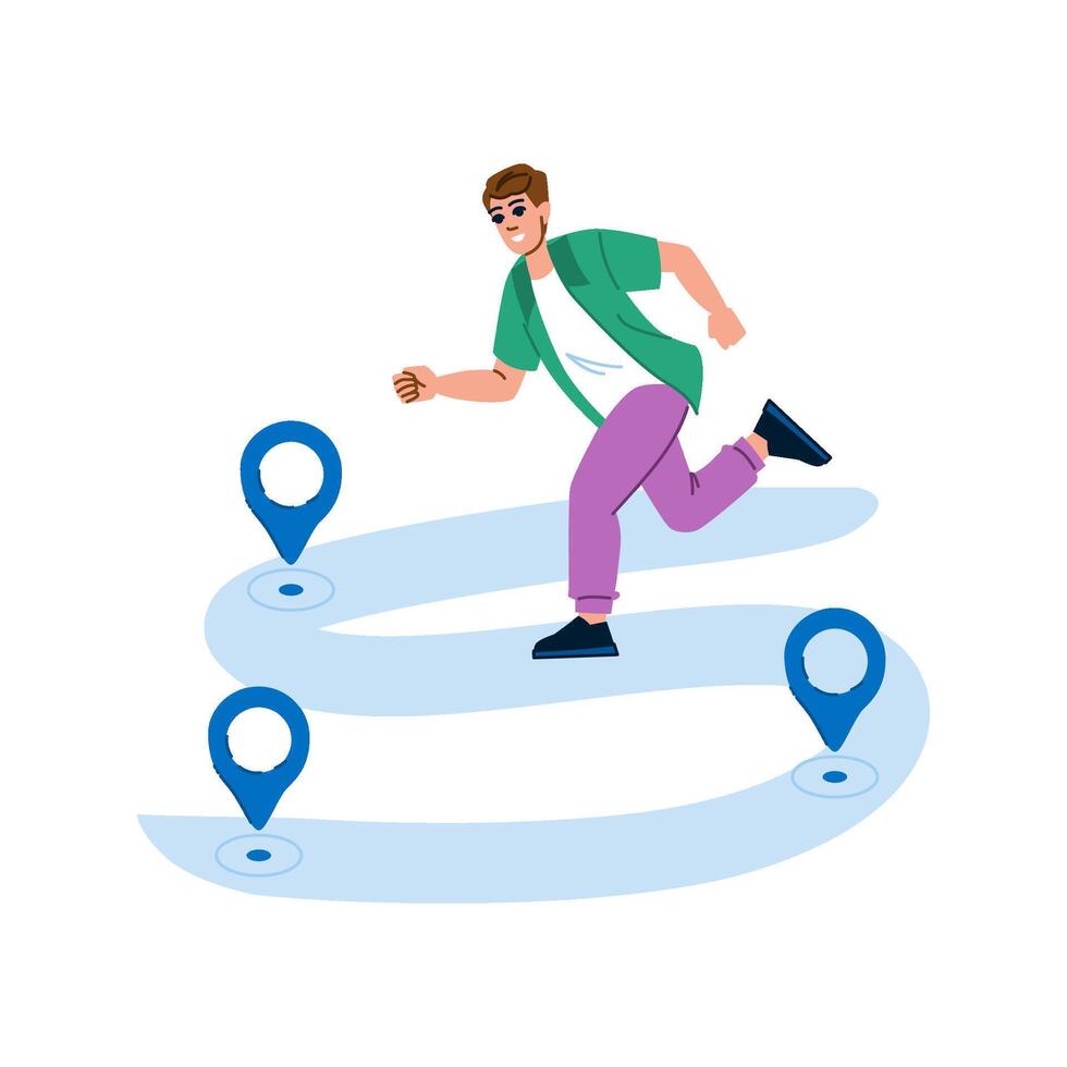 Young man running on winding path following gps pointers towards destination vector