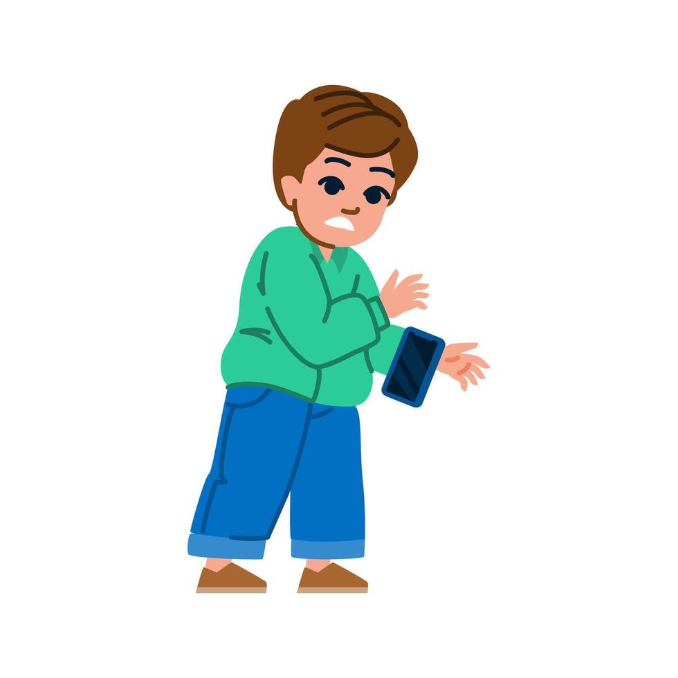 Scared child dropping smartphone on floor, mobile device damage vector