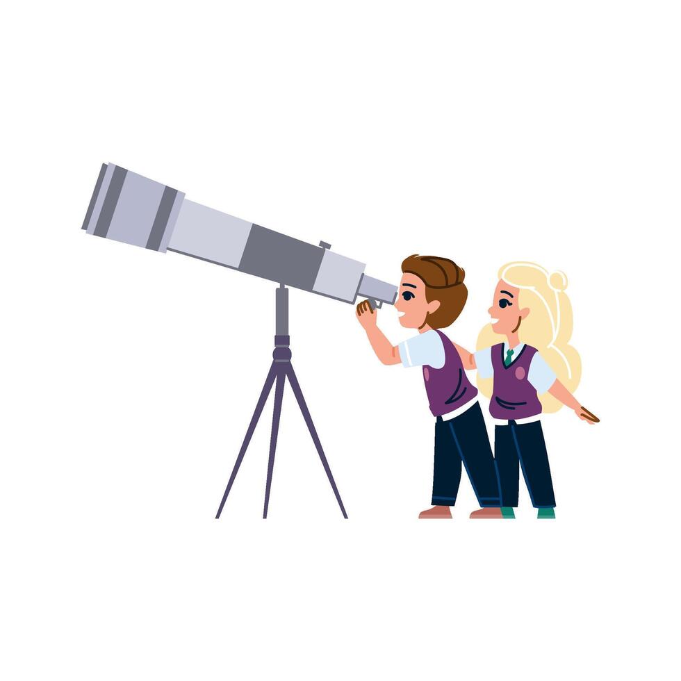 Students observing stars using telescope in astronomy class vector