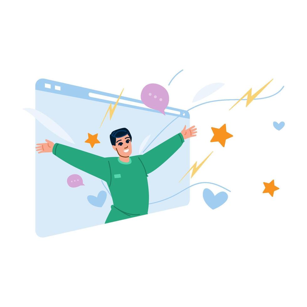 Happy man emerging from computer screen spreading open arms vector