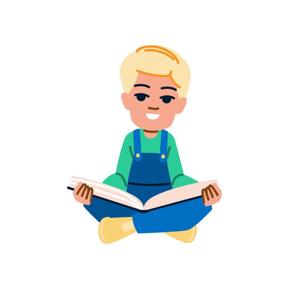 Smiling child reading a book in a relaxed pose vector