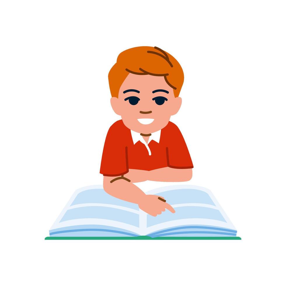 Smiling boy reading a book and pointing at the text vector