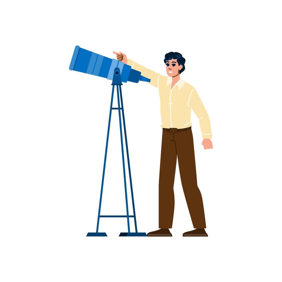 Astronomer exploring night sky with telescope, pointing at stars vector